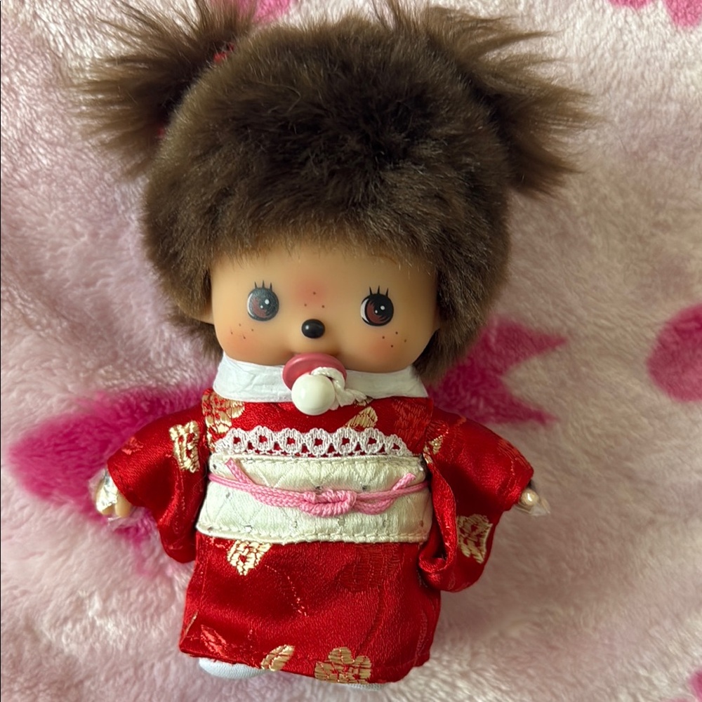 Monchichi Doll in Red Kimono with Pacifier